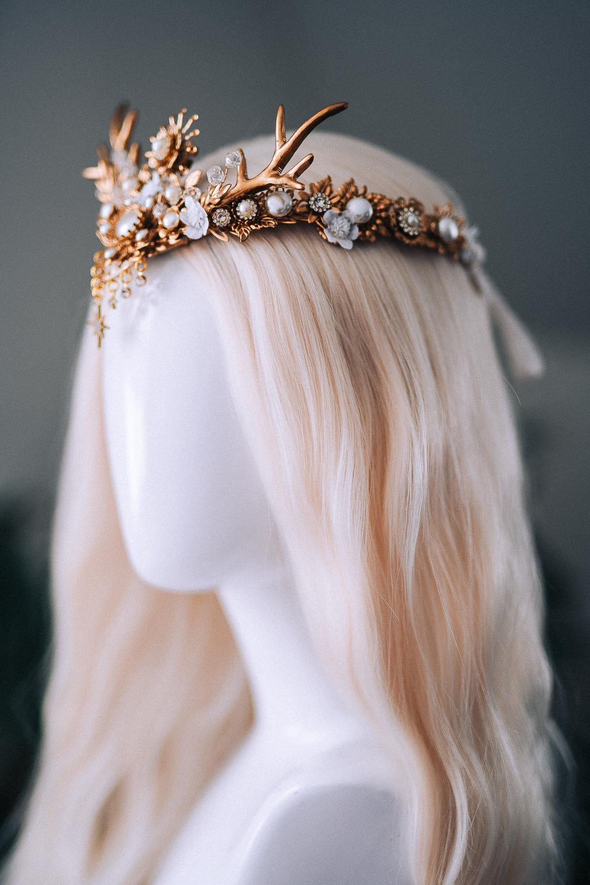 White Gold Winter Deer Crown Goddess Headpiece