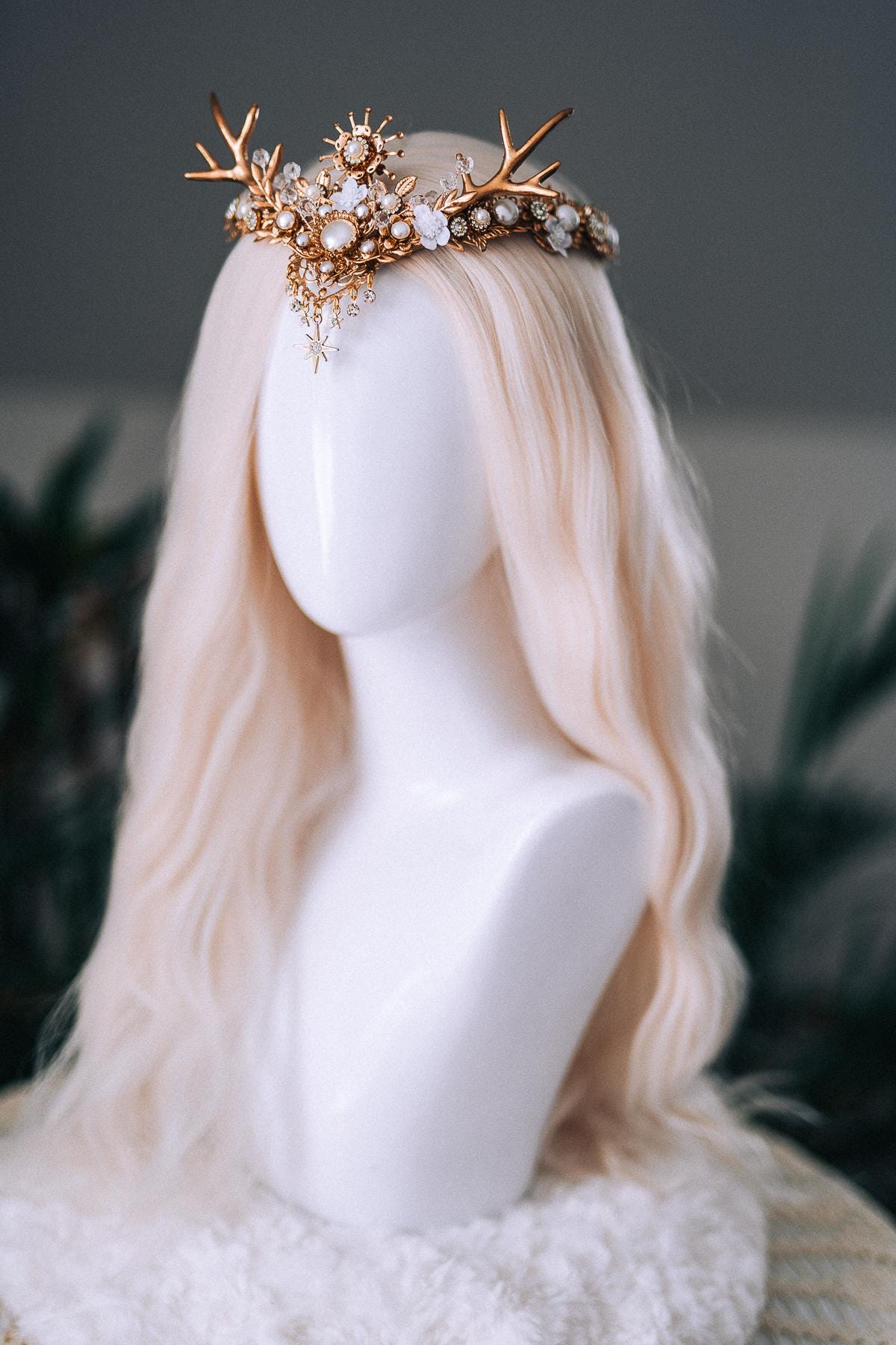 White Gold Winter Deer Crown Goddess Headpiece