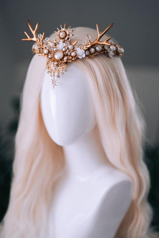 White Gold Winter Deer Crown Goddess Headpiece