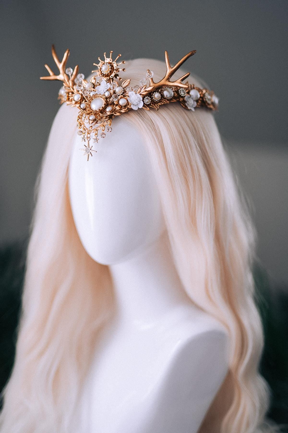 White Gold Winter Deer Crown Goddess Headpiece