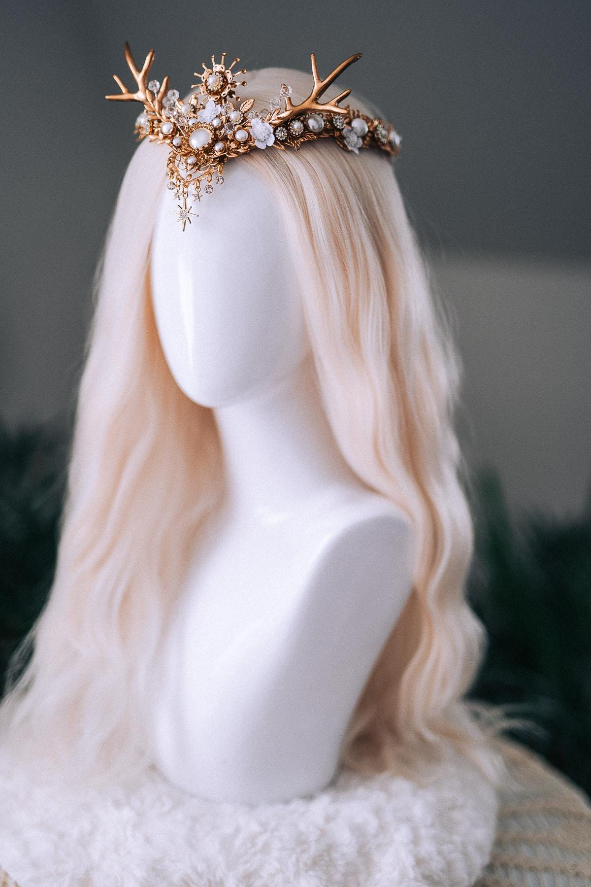 White Gold Winter Deer Crown Goddess Headpiece