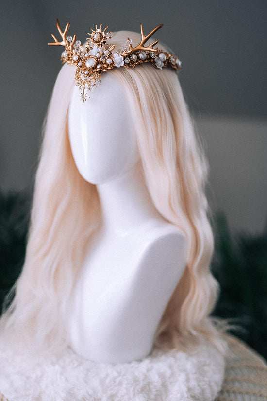 White Gold Winter Deer Crown Goddess Headpiece