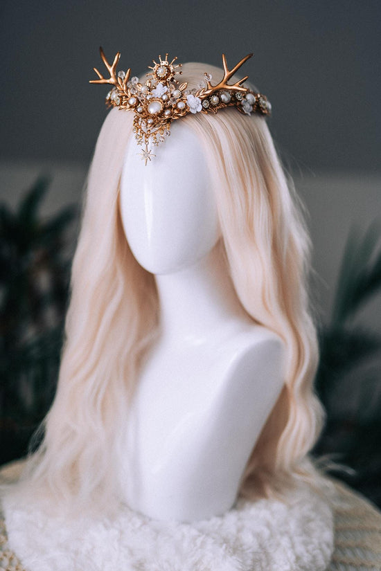 White Gold Winter Deer Crown Goddess Headpiece