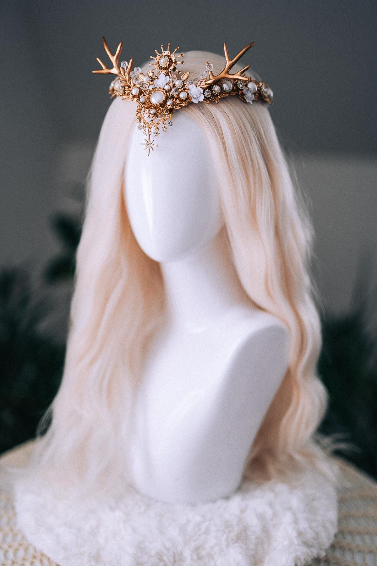 White Gold Winter Deer Crown Goddess Headpiece