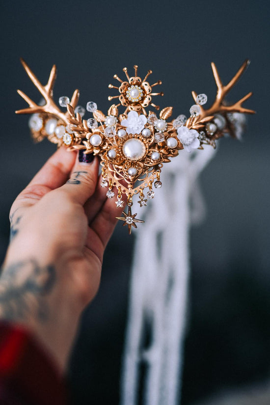 White Gold Winter Deer Crown Goddess Headpiece