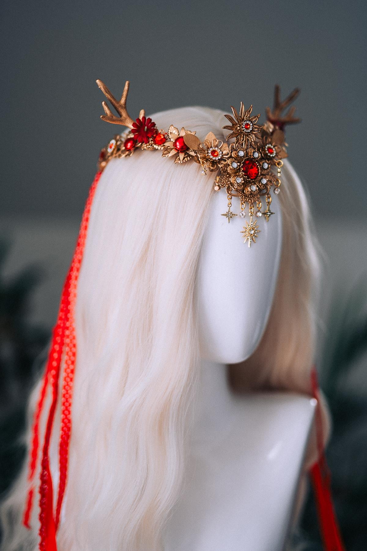 Red Gold Reindeer Christmas Goddess Crown