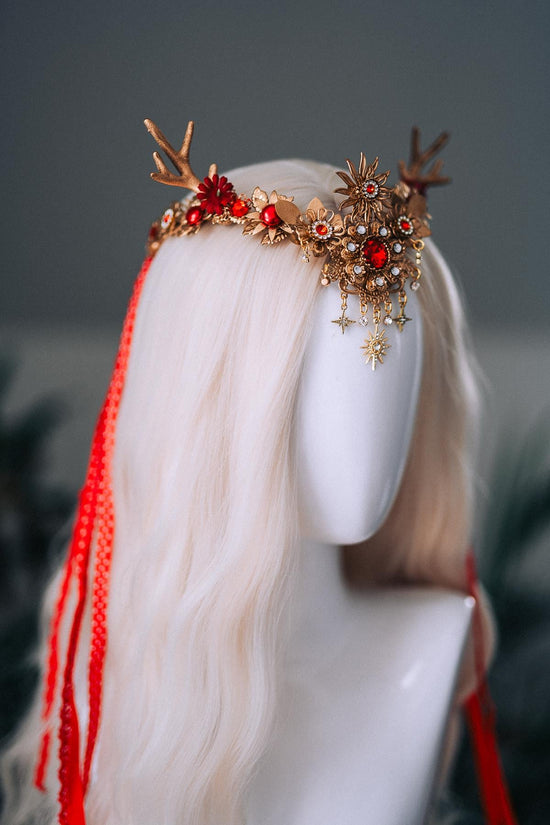 Red Gold Reindeer Christmas Goddess Crown