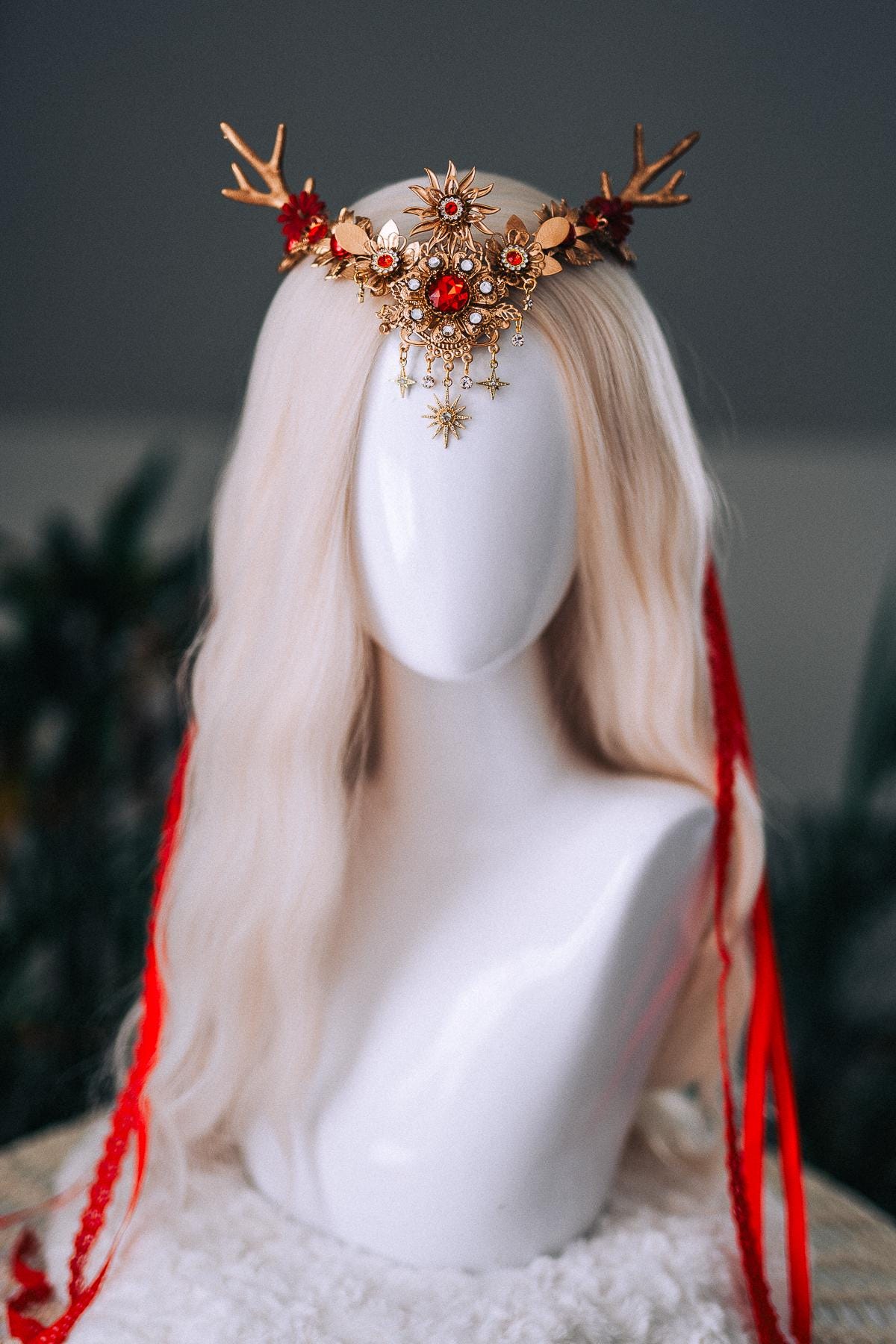 Red Gold Reindeer Christmas Goddess Crown
