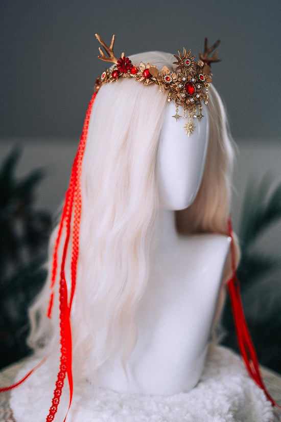 Red Gold Reindeer Christmas Goddess Crown