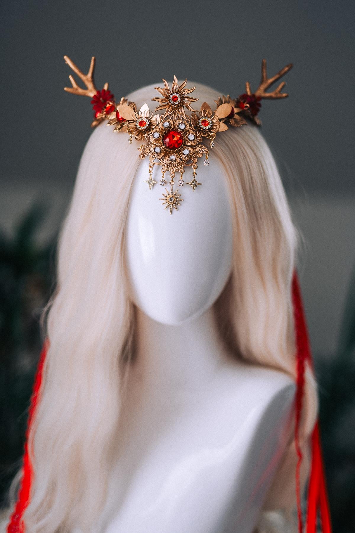 Red Gold Reindeer Christmas Goddess Crown