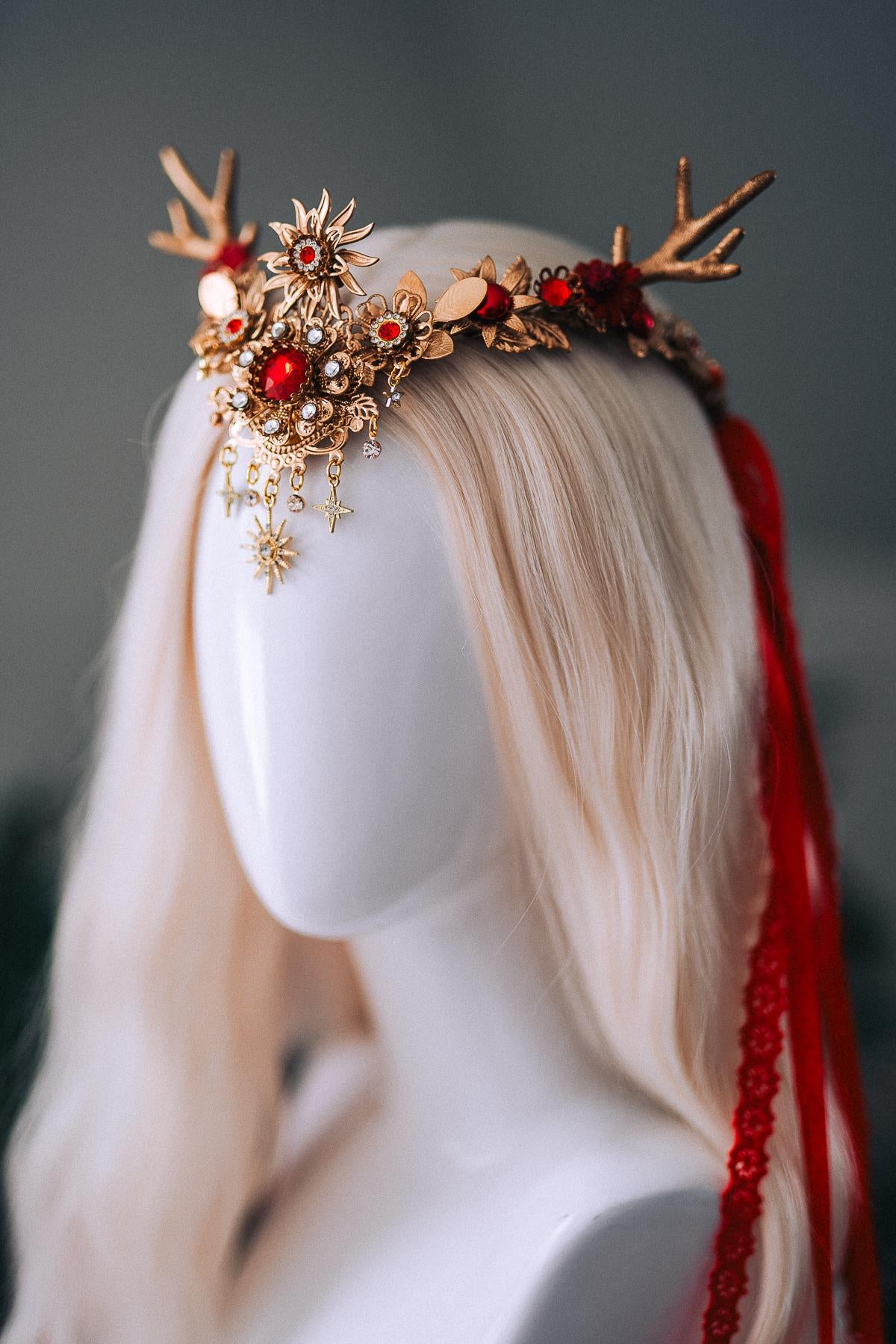 Red Gold Reindeer Christmas Goddess Crown