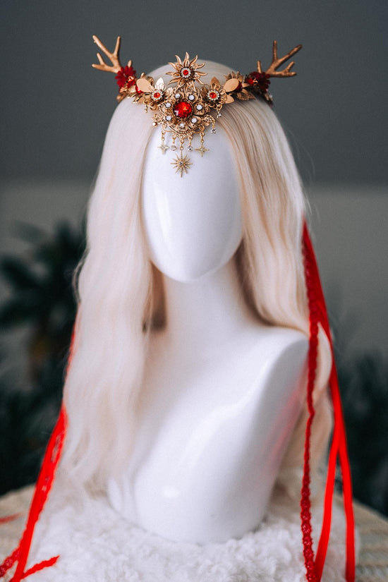 Red Gold Reindeer Christmas Goddess Crown
