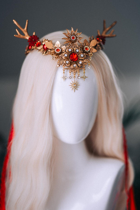 Red Gold Reindeer Christmas Goddess Crown