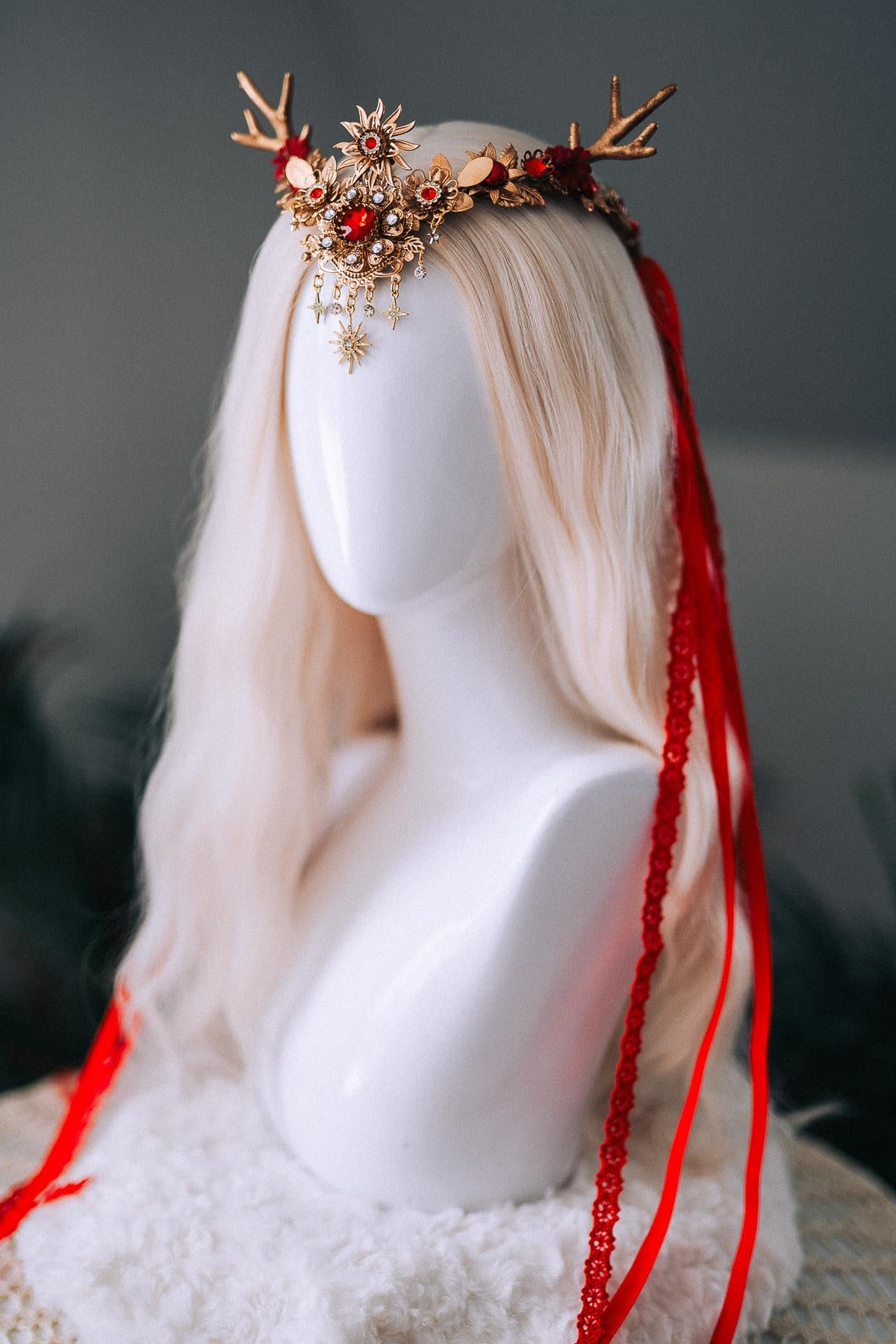 Red Gold Reindeer Christmas Goddess Crown