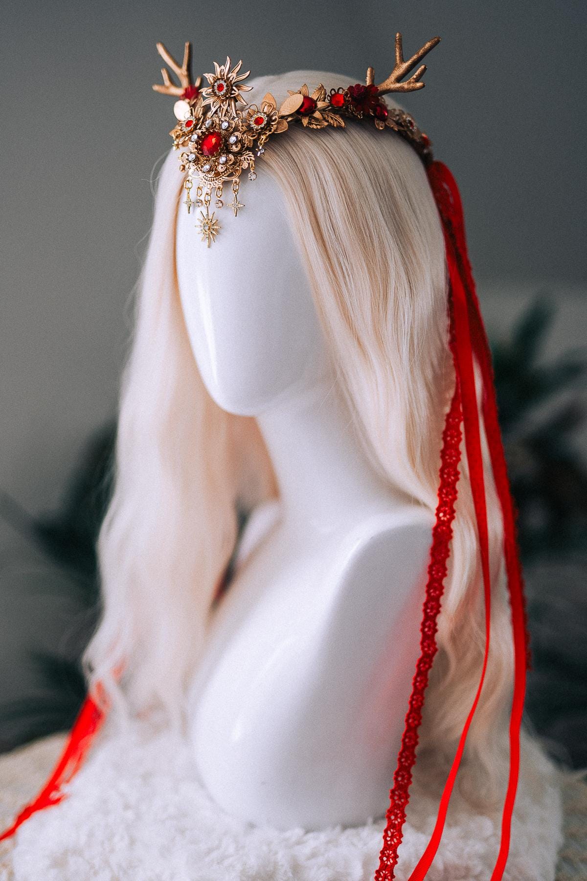 Red Gold Reindeer Christmas Goddess Crown