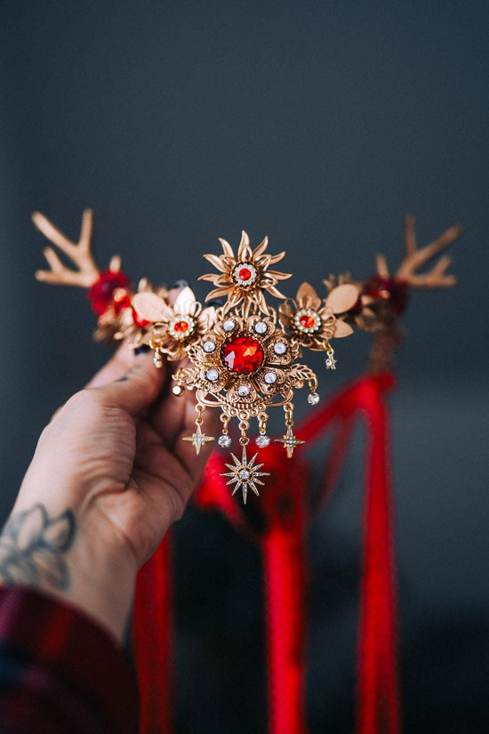 Red Gold Reindeer Christmas Goddess Crown