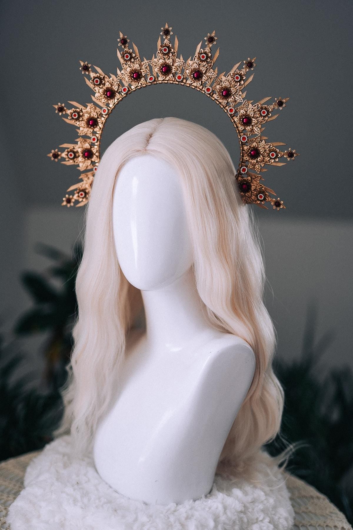 Gold Burgundy Halo Crown Bridal Maternity Goddess Headpiece