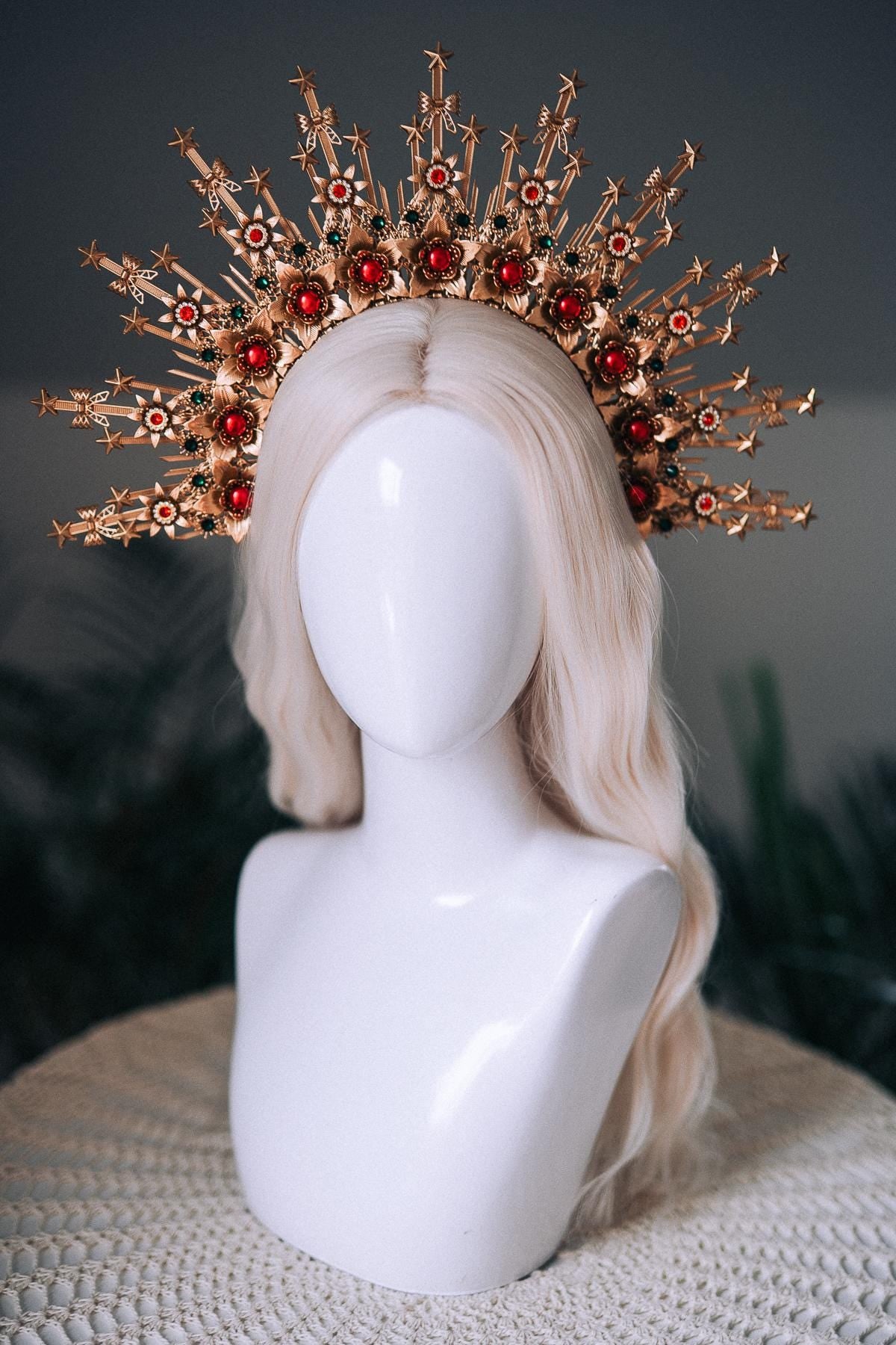 Christmas Halo Crown Red Green Gold Celestial Goddess Headpiece Holiday Tiara