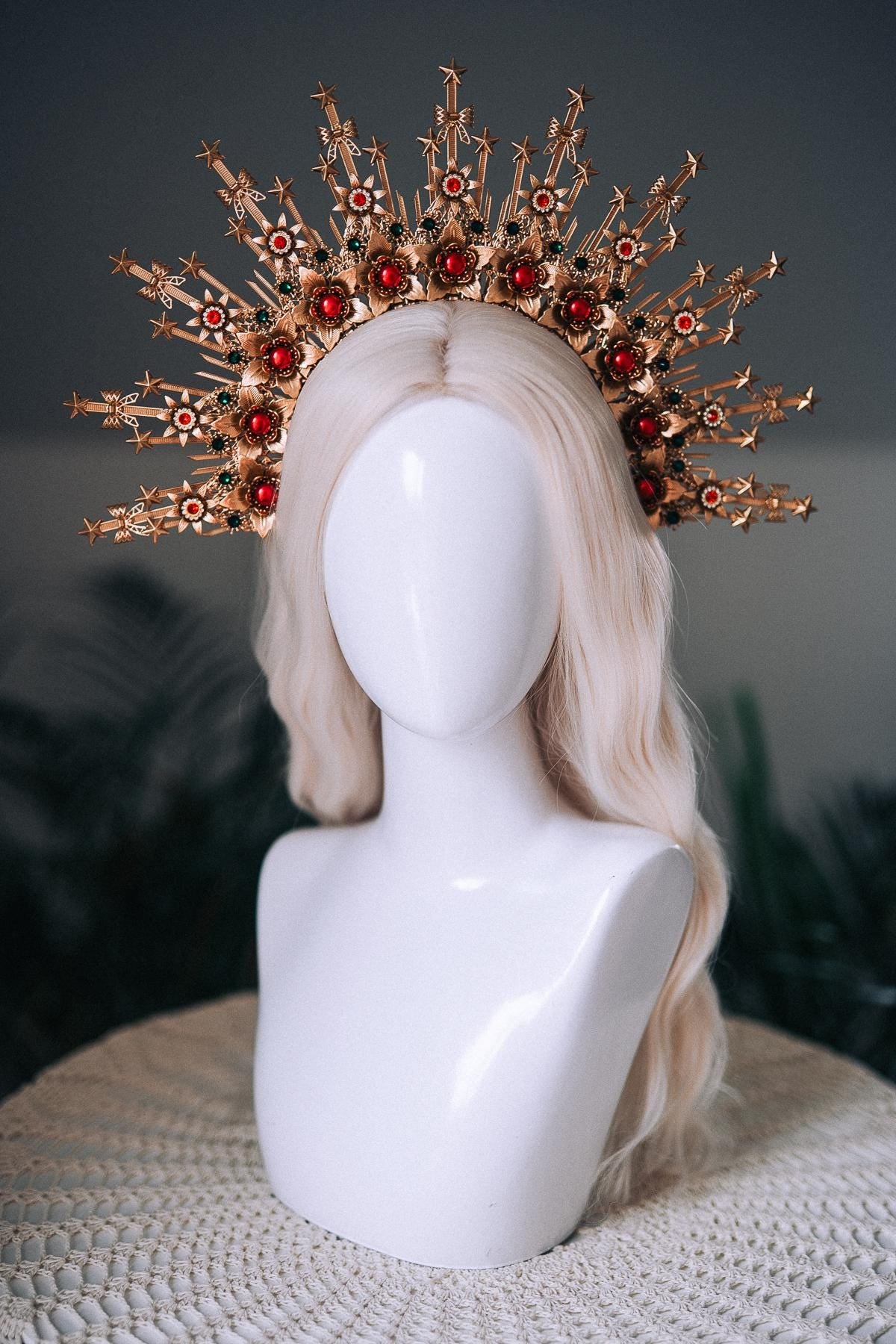 Christmas Halo Crown Red Green Gold Celestial Goddess Headpiece Holiday Tiara