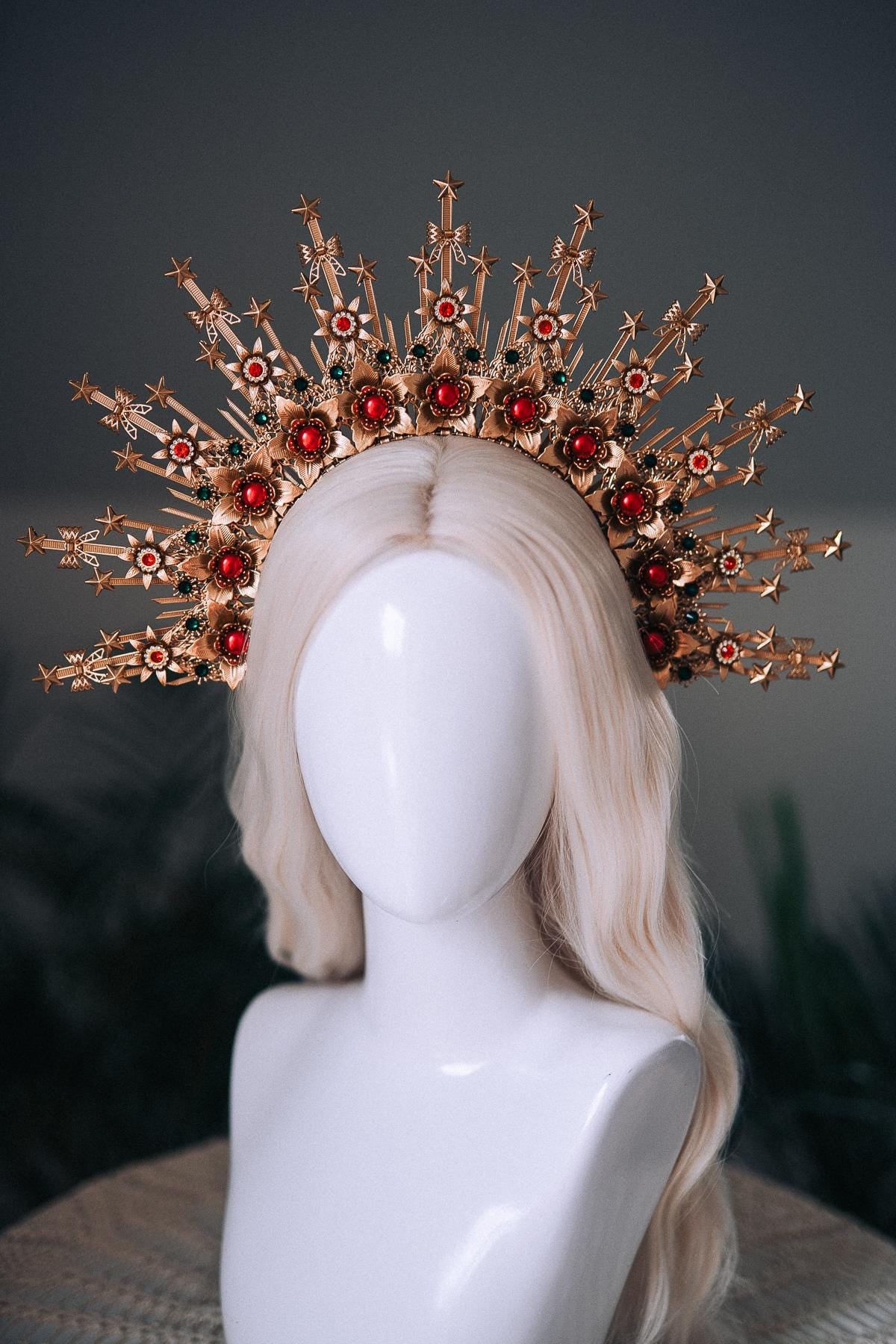 Christmas Halo Crown Red Green Gold Celestial Goddess Headpiece Holiday Tiara