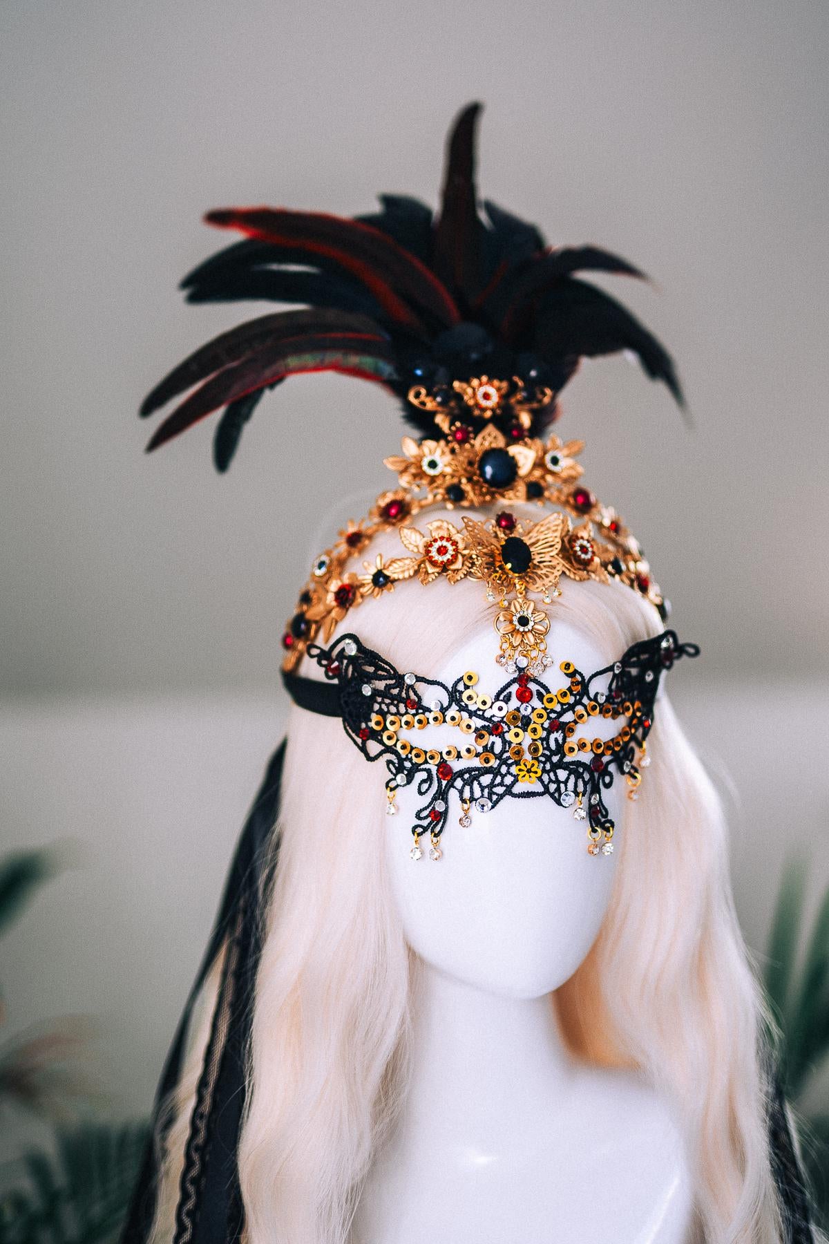 Gold Feather Masquerade Halo Crown Burgundy Crystal Carnival Headpiece