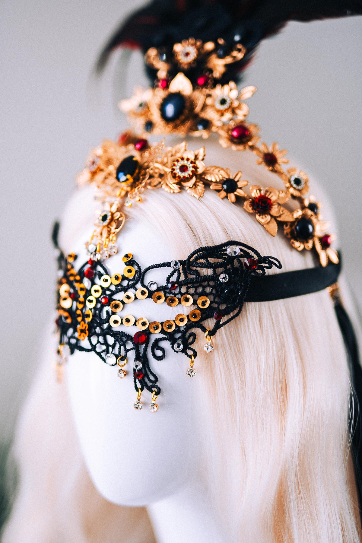 Gold Black Lace Masquerade Mask Burgundy Crystal Carnival Mask