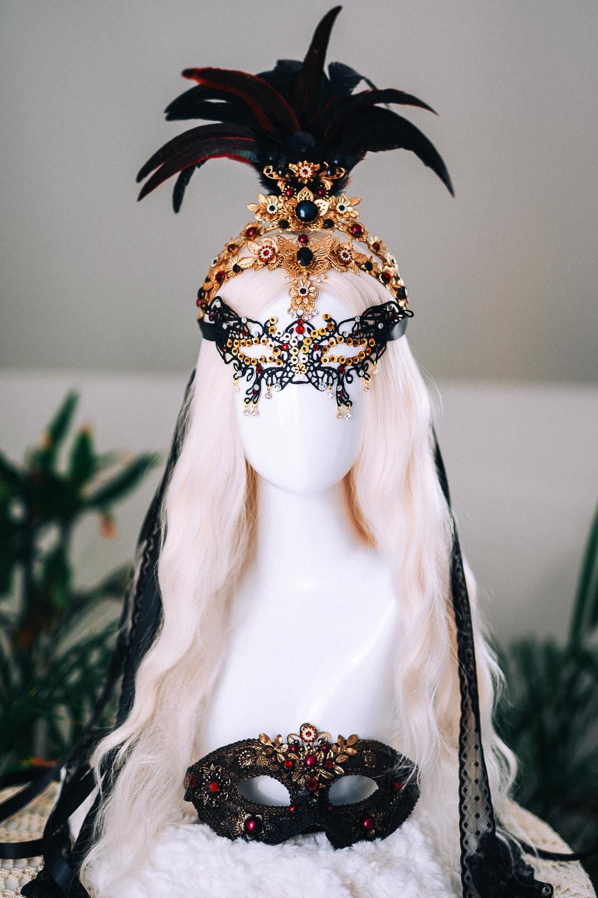 Gold Feather Masquerade Halo Crown Burgundy Crystal Carnival Headpiece