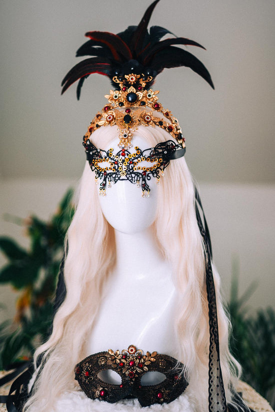 Gold Feather Masquerade Halo Crown Burgundy Crystal Carnival Headpiece