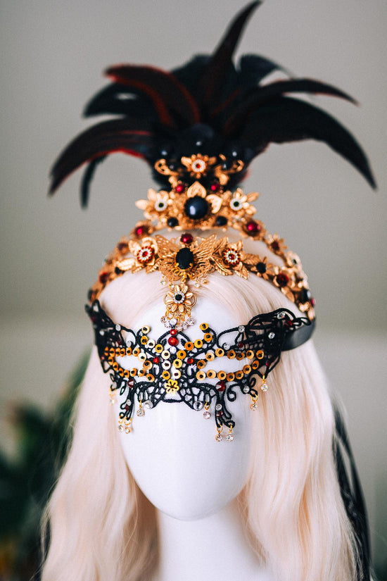 Gold Black Lace Masquerade Mask Burgundy Crystal Carnival Mask