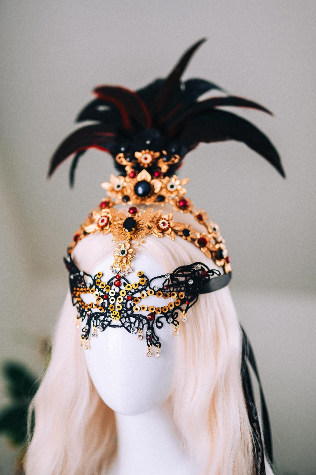 Gold Feather Masquerade Halo Crown Burgundy Crystal Carnival Headpiece