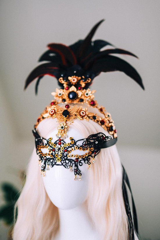Gold Feather Masquerade Halo Crown Burgundy Crystal Carnival Headpiece