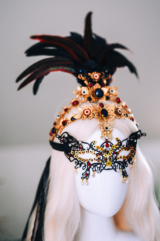 Gold Black Lace Masquerade Mask Burgundy Crystal Carnival Mask