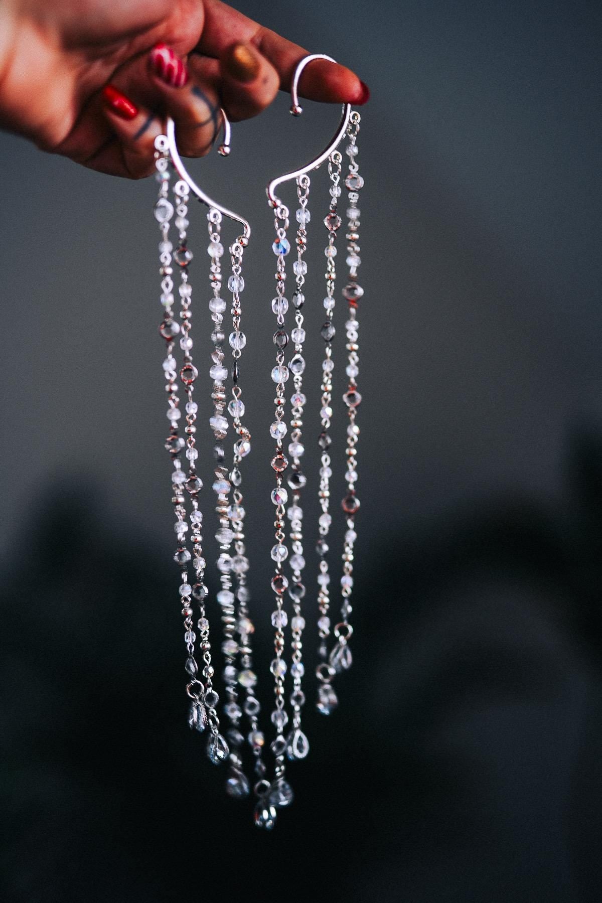 Silver Crystal Ear Cuffs Dripping Beads Festival Jewelry