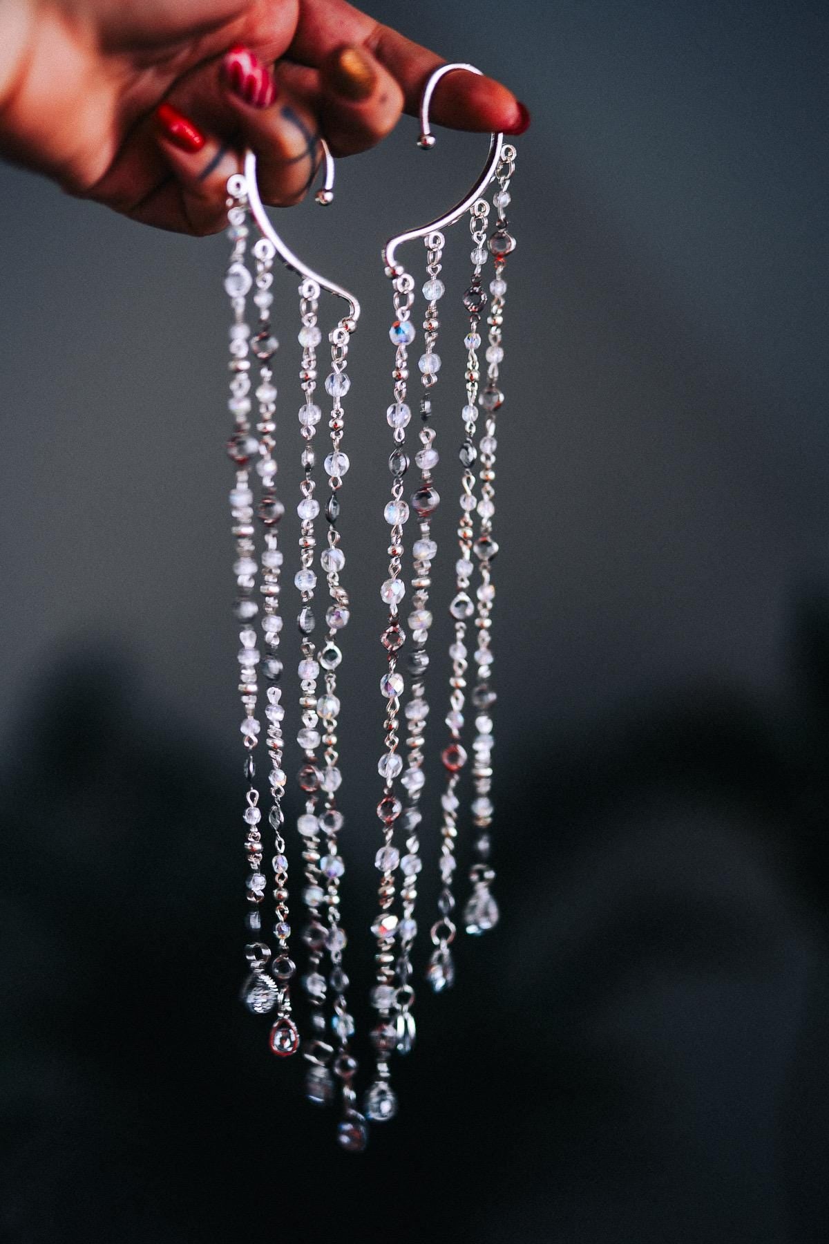 Silver Crystal Ear Cuffs Dripping Beads Festival Jewelry