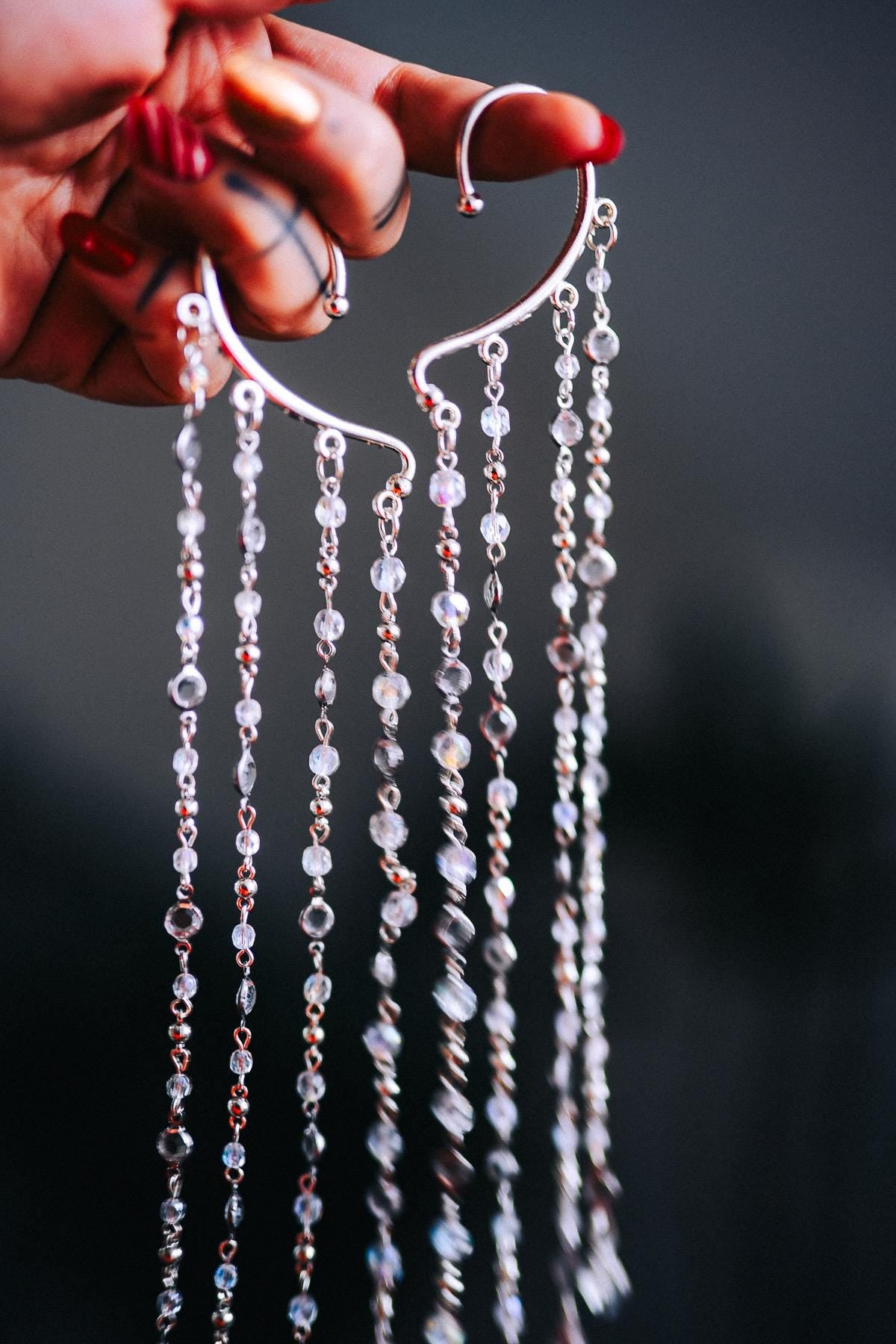 Silver Crystal Ear Cuffs Dripping Beads Festival Jewelry