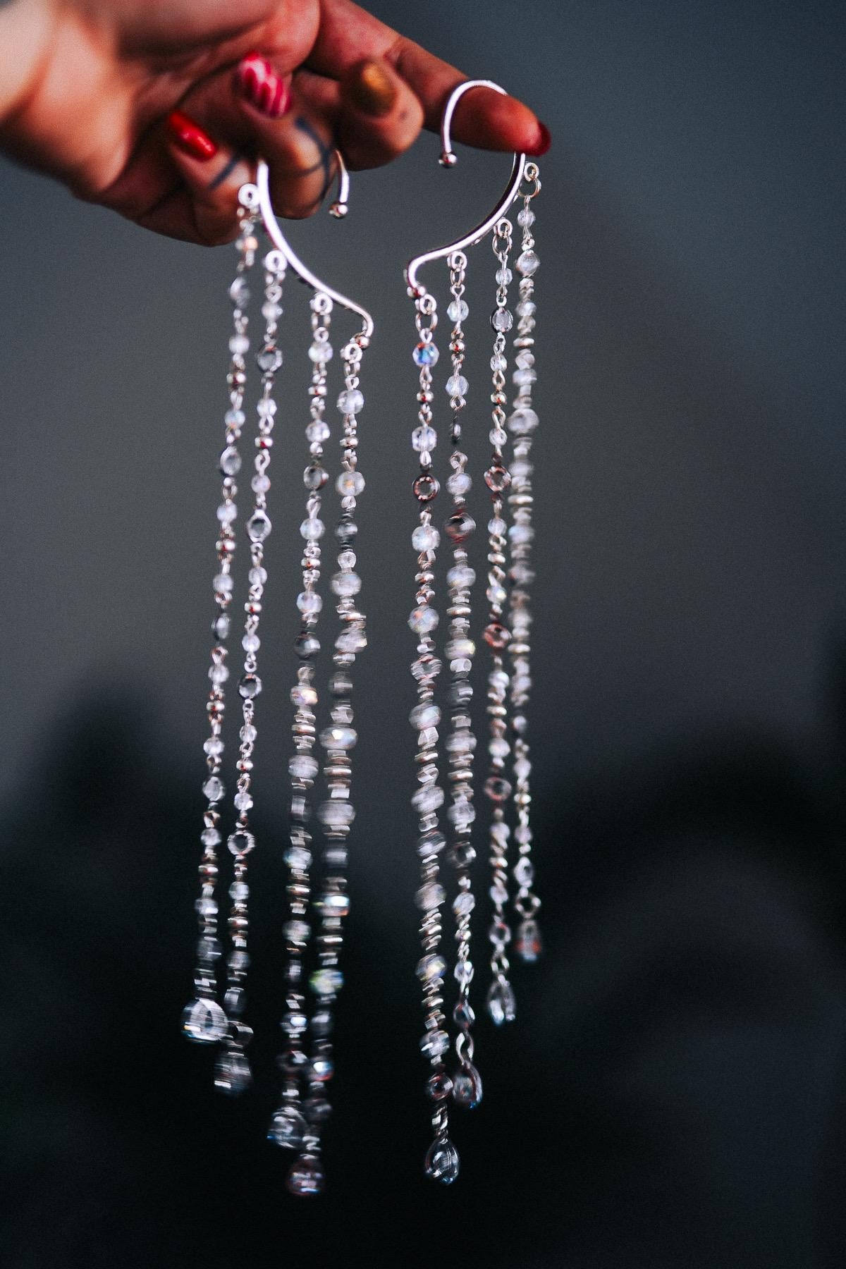 Silver Crystal Ear Cuffs Dripping Beads Festival Jewelry