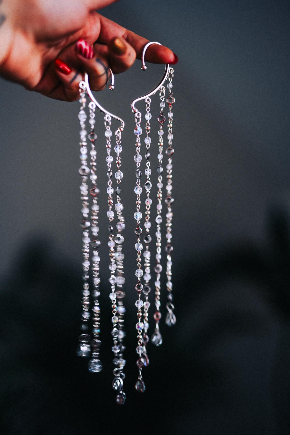 Silver Crystal Ear Cuffs Dripping Beads Festival Jewelry