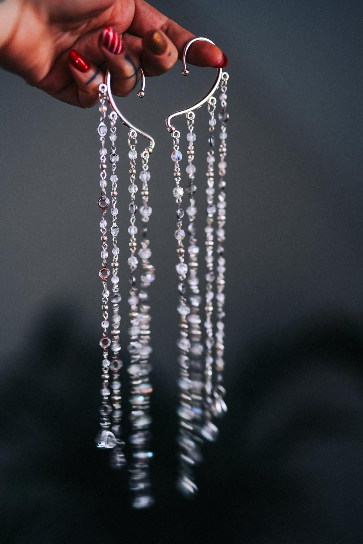 Silver Crystal Ear Cuffs Dripping Beads Festival Jewelry