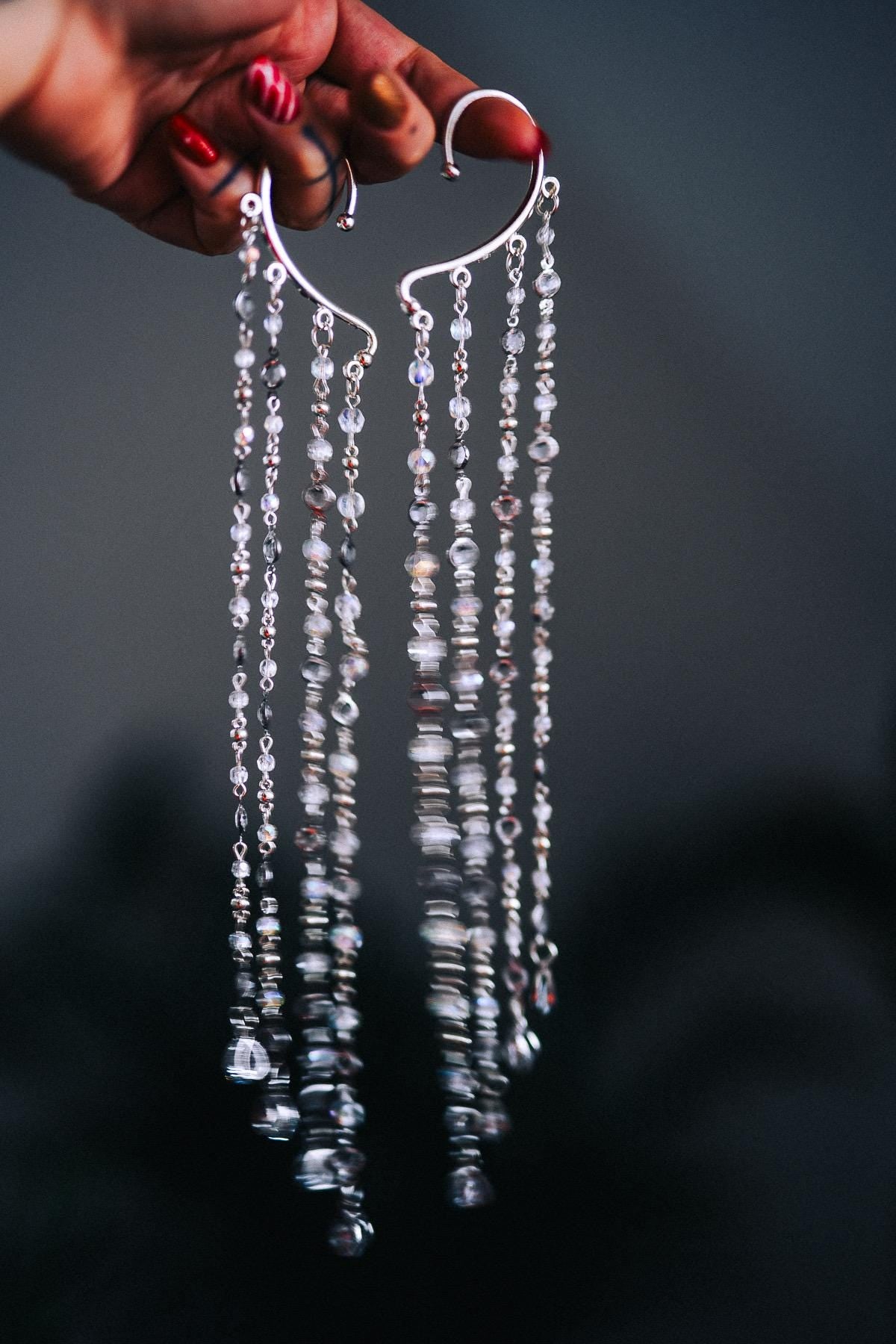 Silver Crystal Ear Cuffs Dripping Beads Festival Jewelry