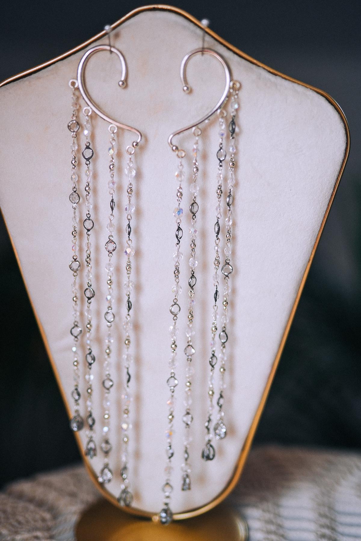 Silver Crystal Ear Cuffs Dripping Beads Festival Jewelry