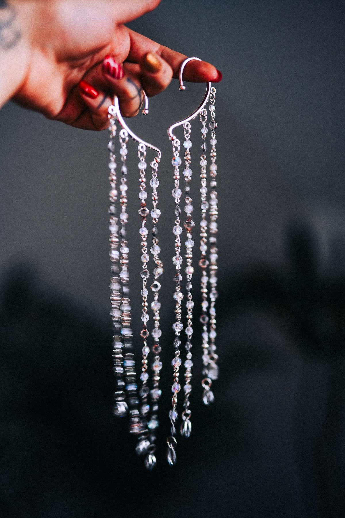 Silver Crystal Ear Cuffs Dripping Beads Festival Jewelry