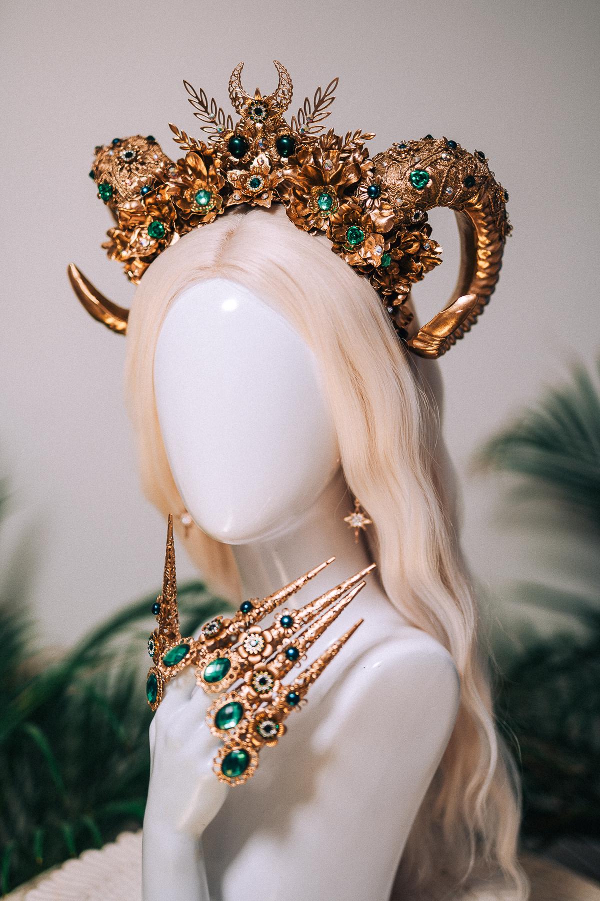 Aries Emerald Goddess Halo Crown Royal Horn Headdress