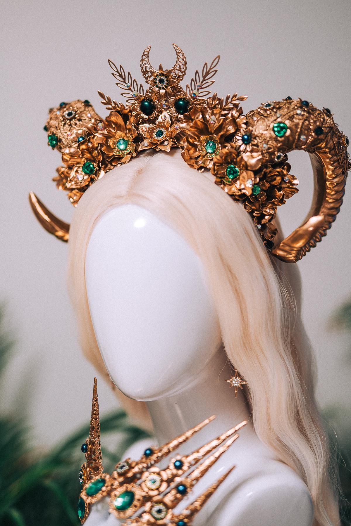 Aries Emerald Goddess Halo Crown Royal Horn Headdress