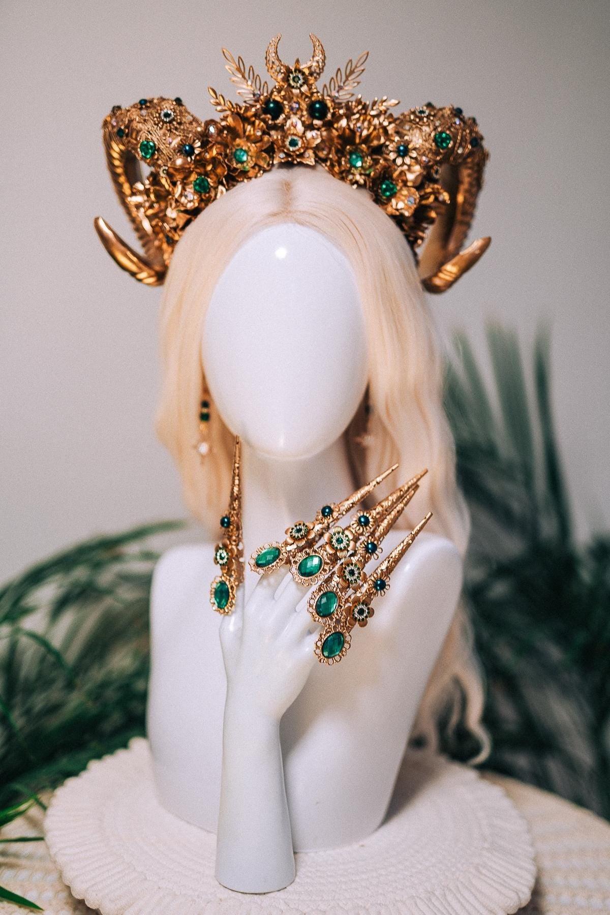 Aries Emerald Goddess Halo Crown Royal Horn Headdress
