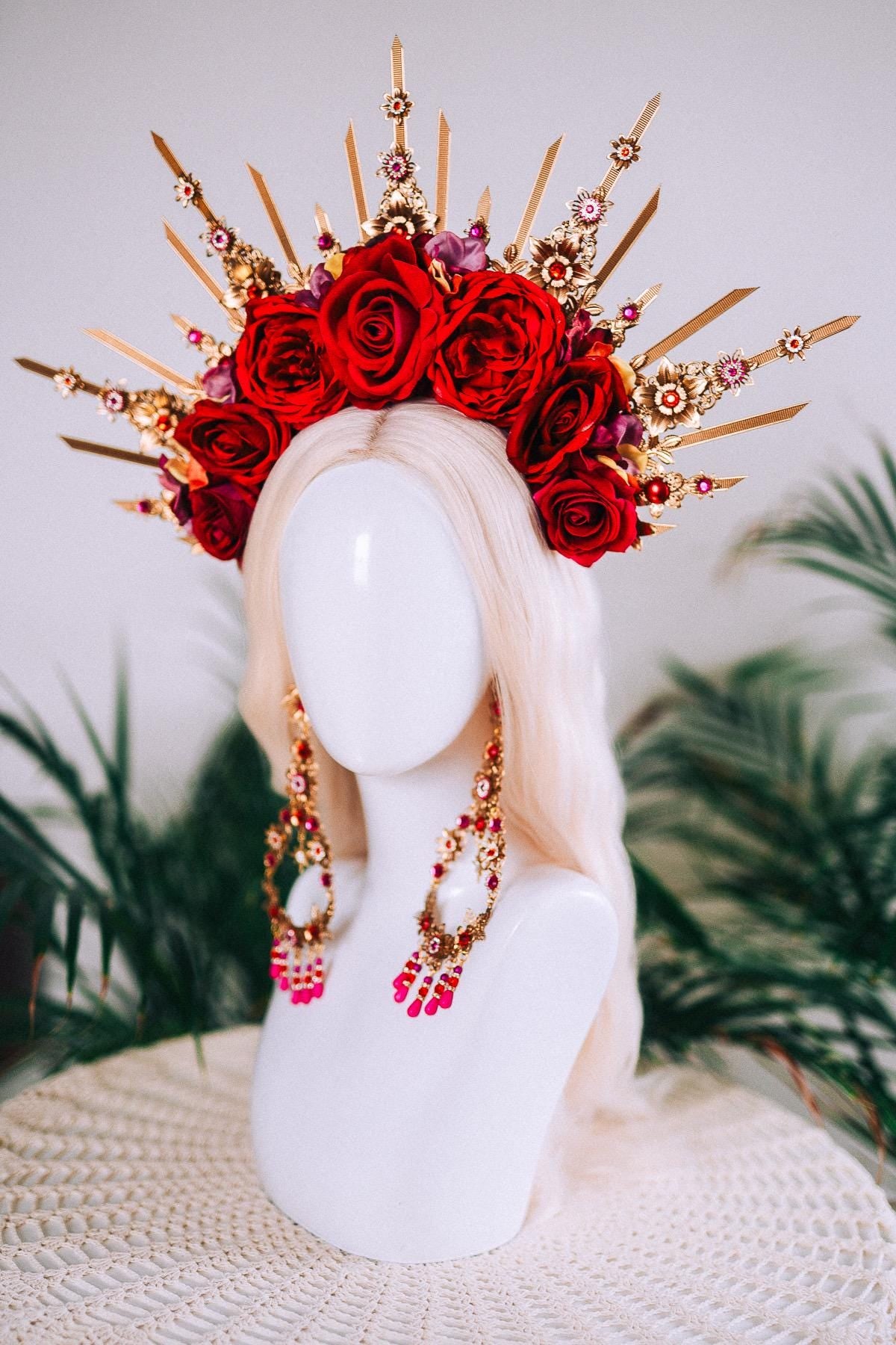 Red Rose Halo Crown Gold Floral Headpiece