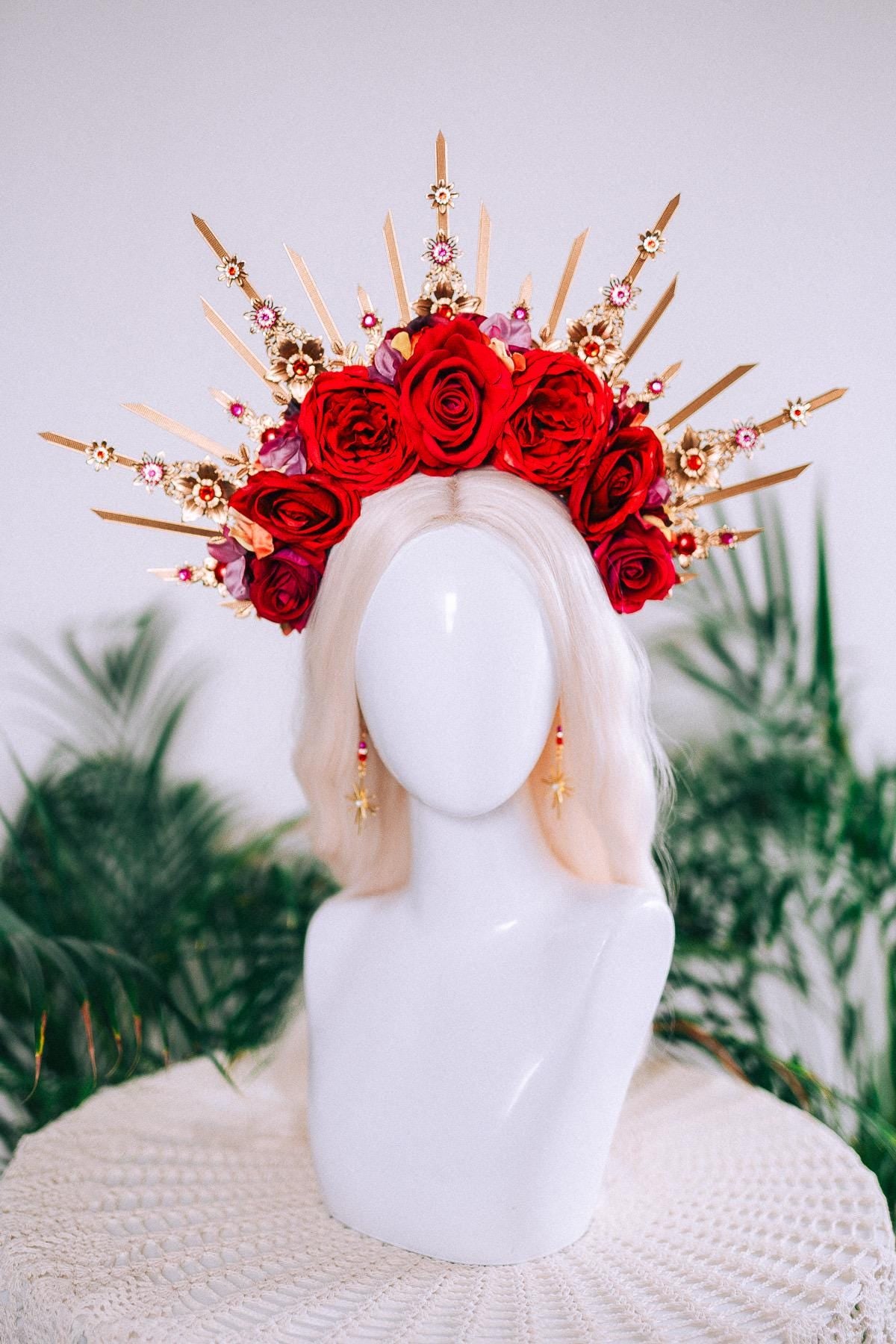Red Rose Halo Crown Gold Floral Headpiece