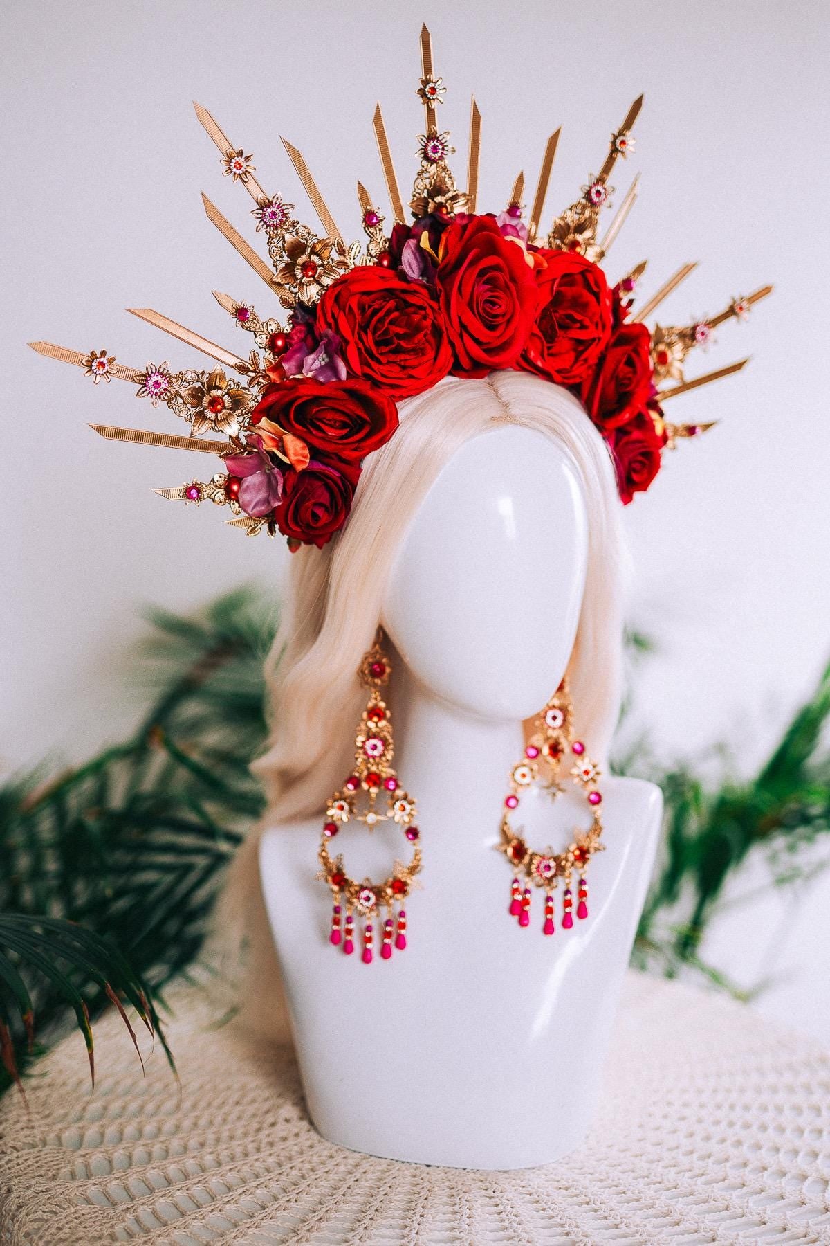 Red Rose Halo Crown Gold Floral Headpiece