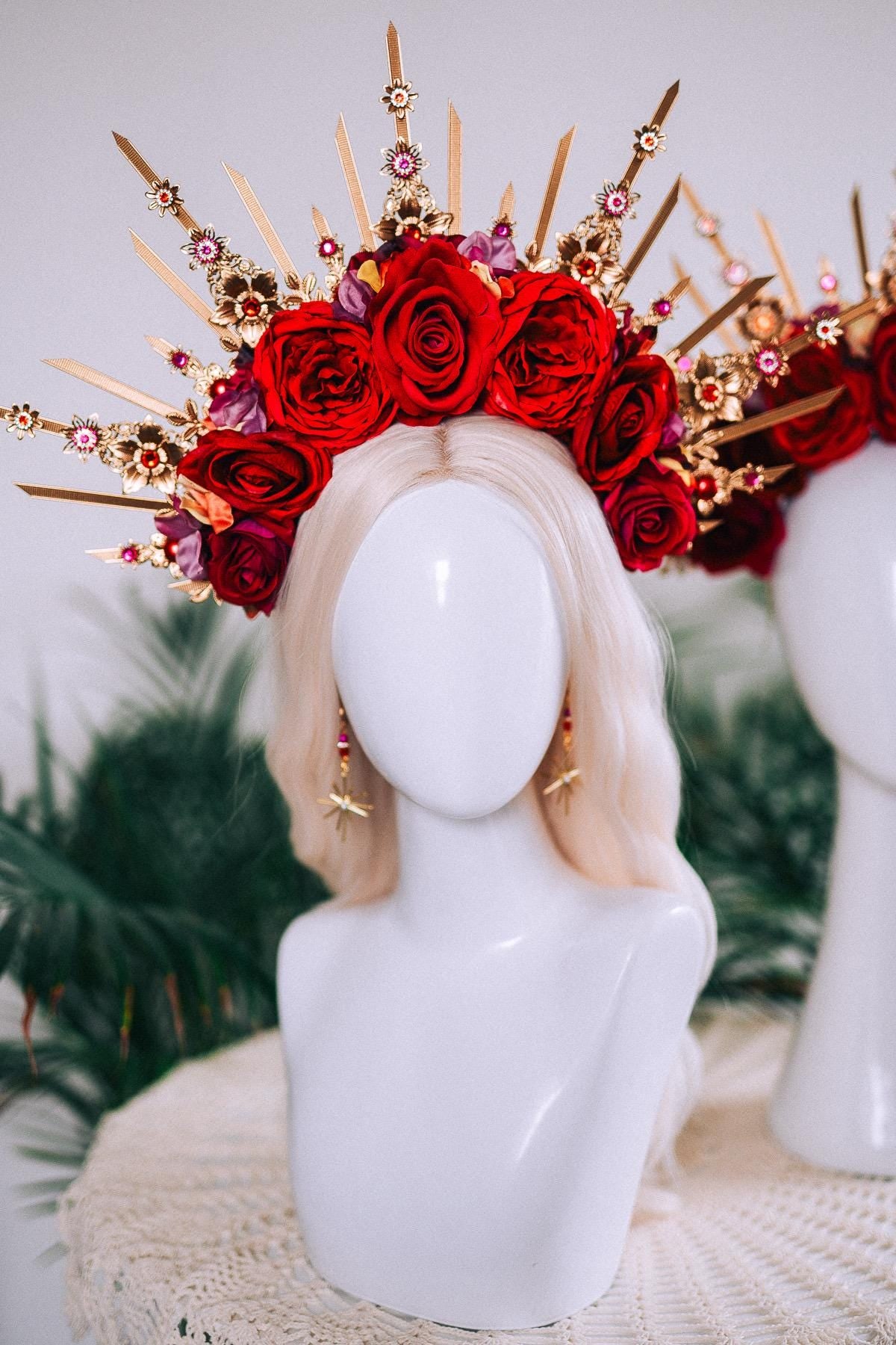 Red Rose Halo Crown Gold Floral Headpiece