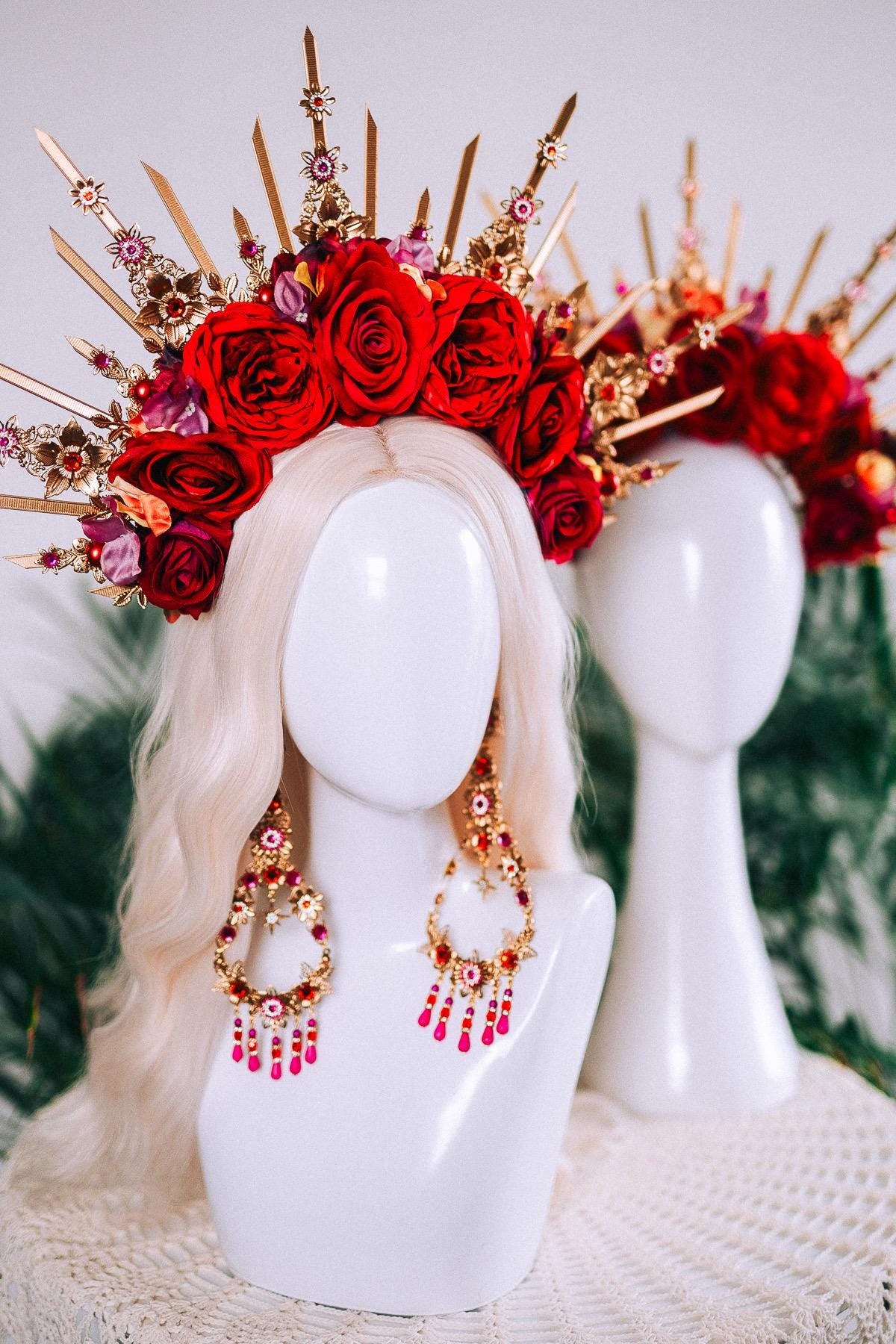 Red Rose Halo Crown Gold Floral Headpiece