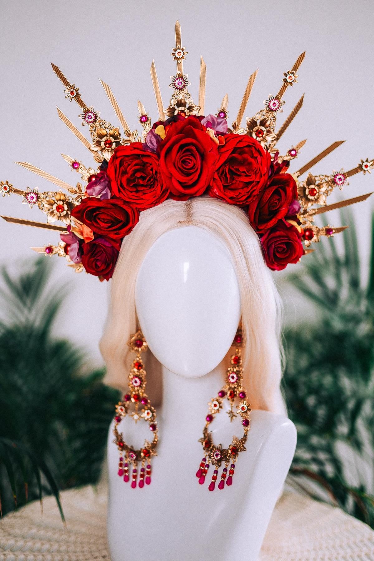 Red Rose Halo Crown Gold Floral Headpiece